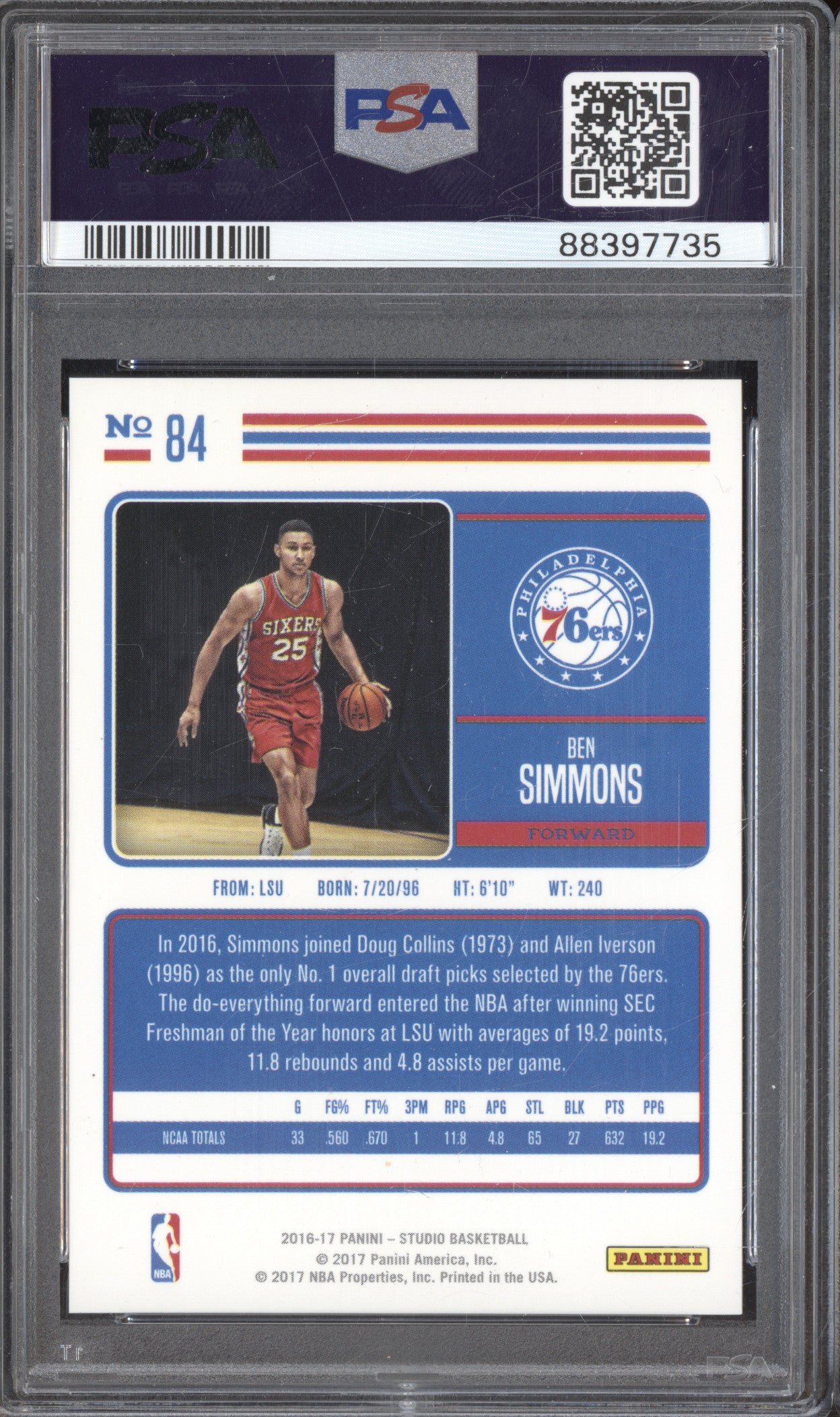 2016-17 Panini Studio 84 Ben Simmons RC PSA 10