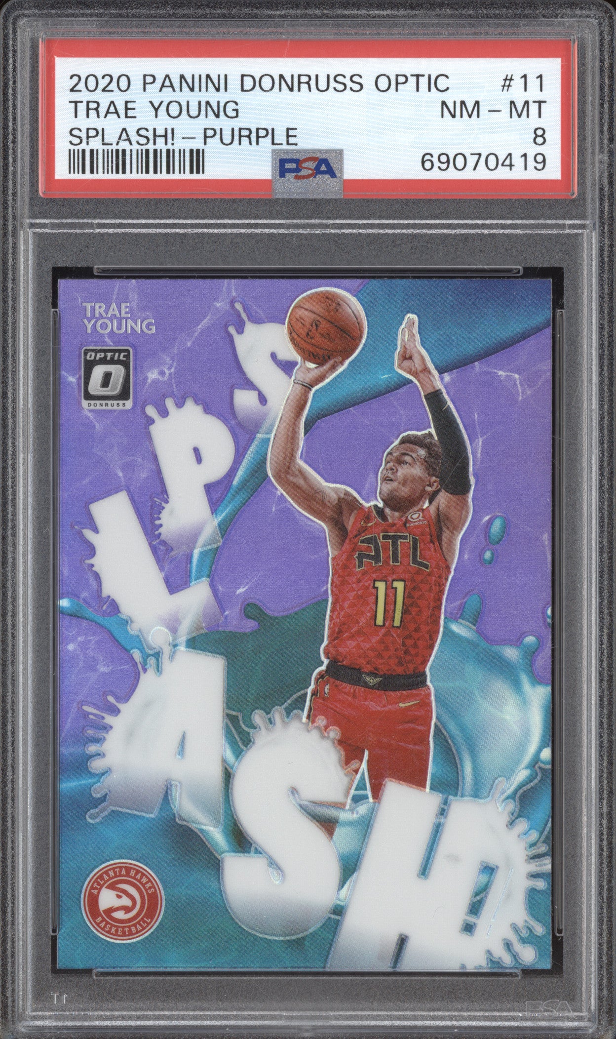 2020-21 Panini Donruss Optic 11 Trae Young Splash! Purple PSA 8