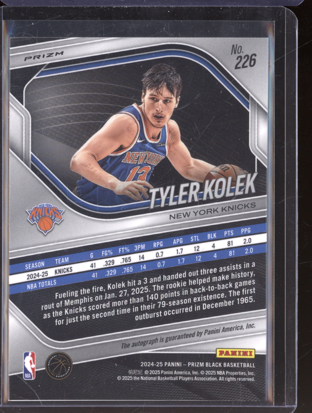 Tyler Kolek 2024-25 Panini Prizm Black 226 Rookie Auto Silver RC