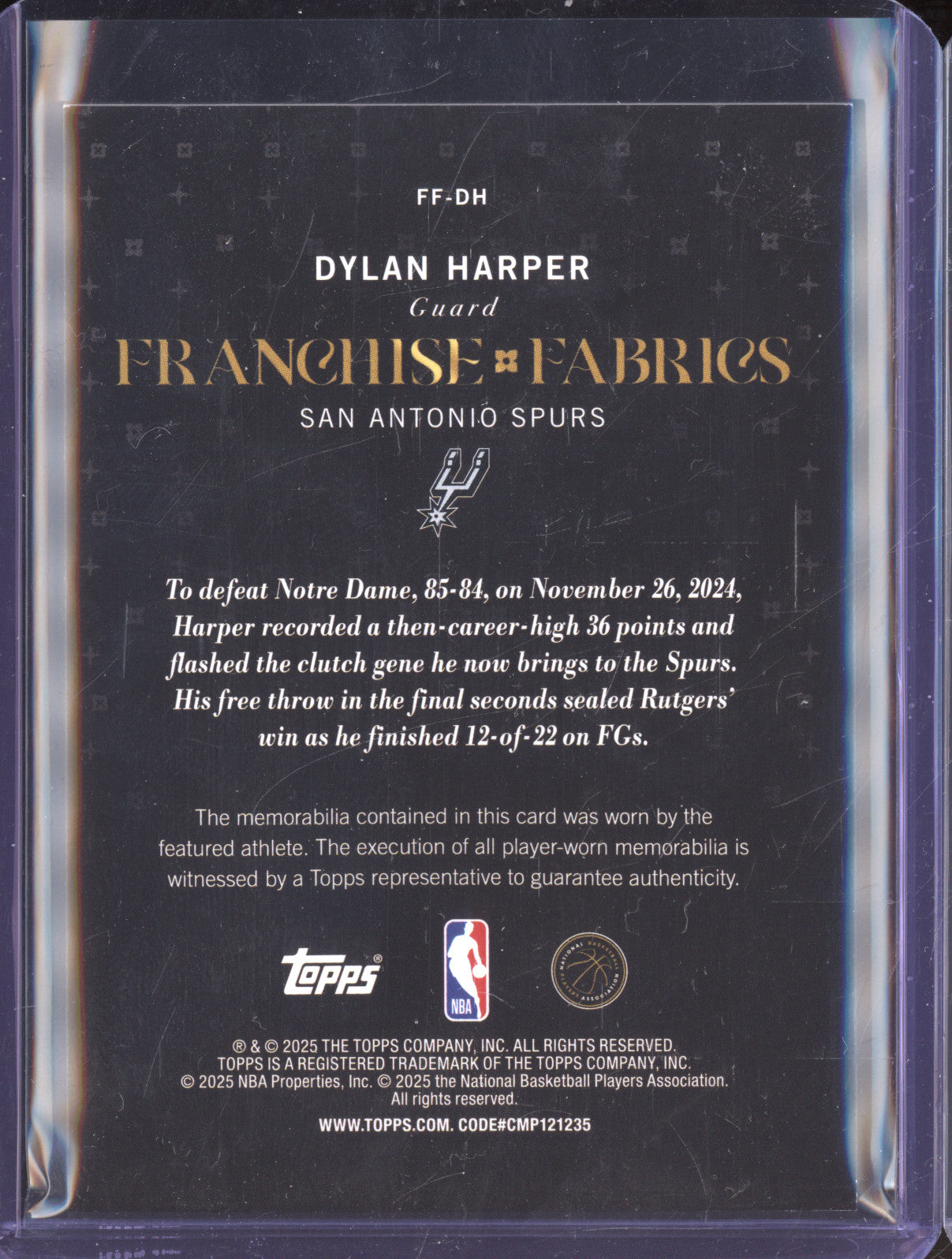 Dylan Harper 2025 Topps Franchise Fabrics FF-DH RC