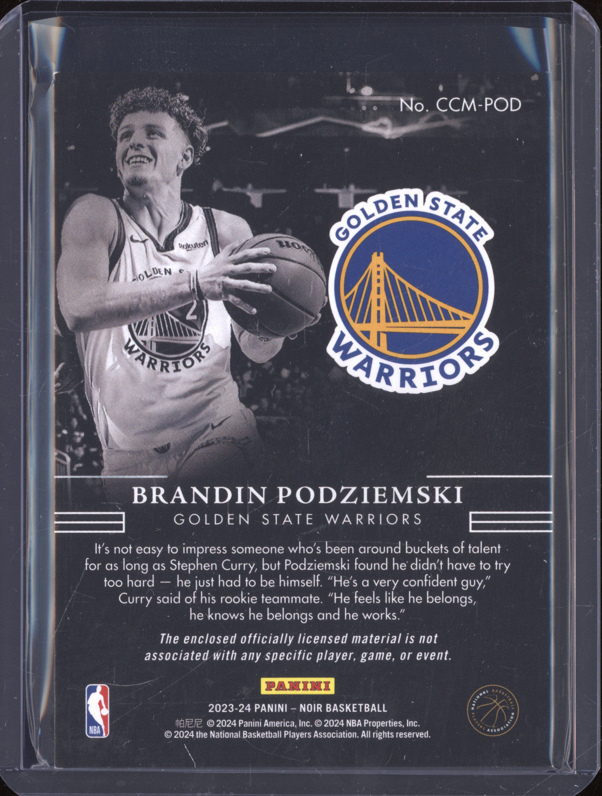 Brandin Podziemski 2023-24 Panini Noir Casting Call Memorabilia CCM-POD RC /99