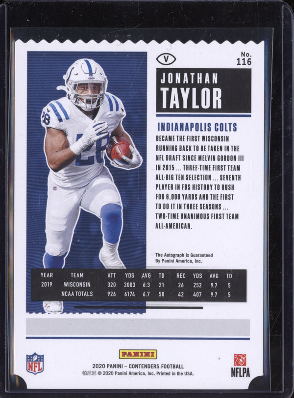 Jonathan Taylor 2020 Panini Contenders 116 Rookie Ticket Stub Auto RC 15/28