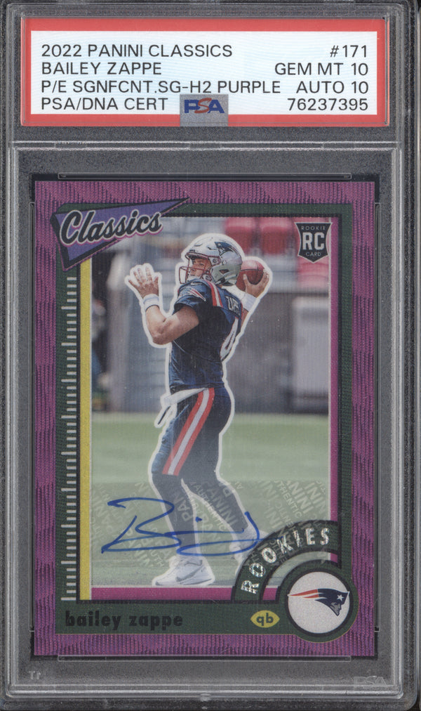 Bailey Zappe 2022 Panini Classics 171 PE Rookies Significant Auto H2 Purple RC 24/25 PSA 10/10