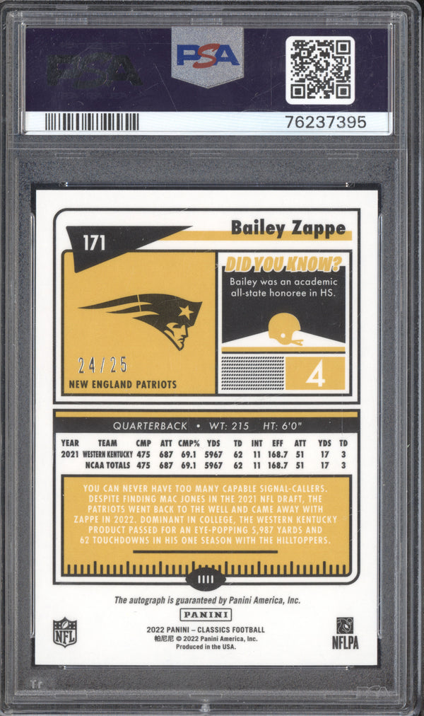 Bailey Zappe 2022 Panini Classics 171 PE Rookies Significant Auto H2 Purple RC 24/25 PSA 10/10