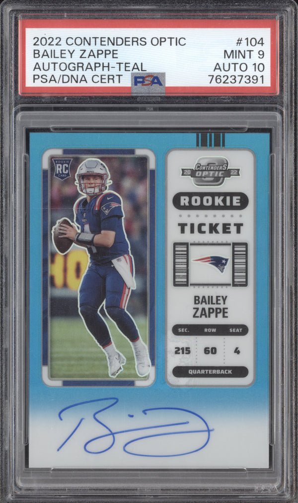 Bailey Zappe 2022 Panini Contenders Optic 104 Autograph Teal RC 41/99 PSA 9/10