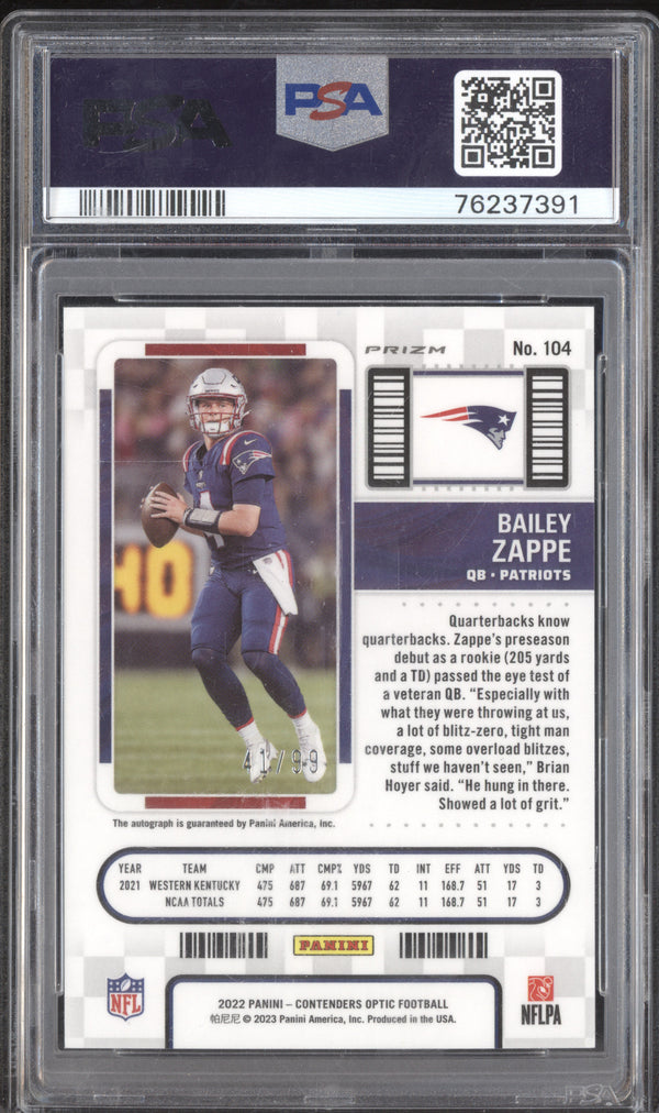 Bailey Zappe 2022 Panini Contenders Optic 104 Autograph Teal RC 41/99 PSA 9/10