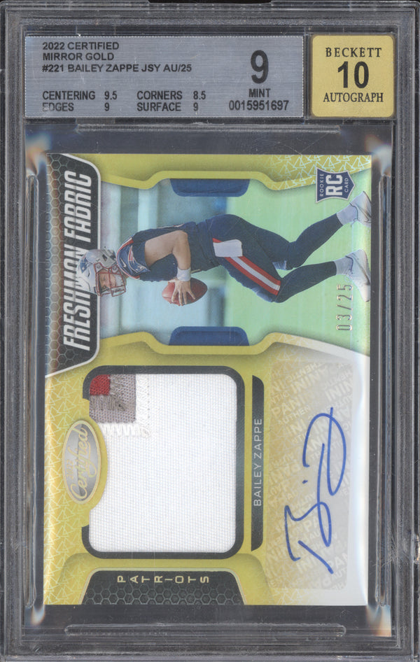 Bailey Zappe 2022 Panini Certified 221 Freshman Fabric Mirror Gold Jersey Auto RC 3/25 BGS 9/10