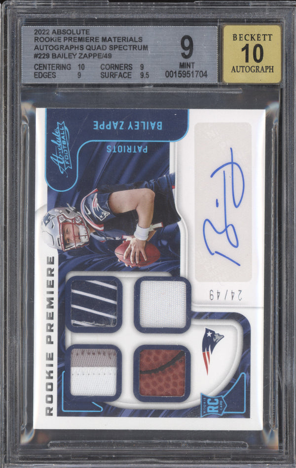 Bailey Zappe 2022 Panini Absolute 229 Rookie Premiere Materials Auto Quad Spectrum RC 24/49 BGS 9/10