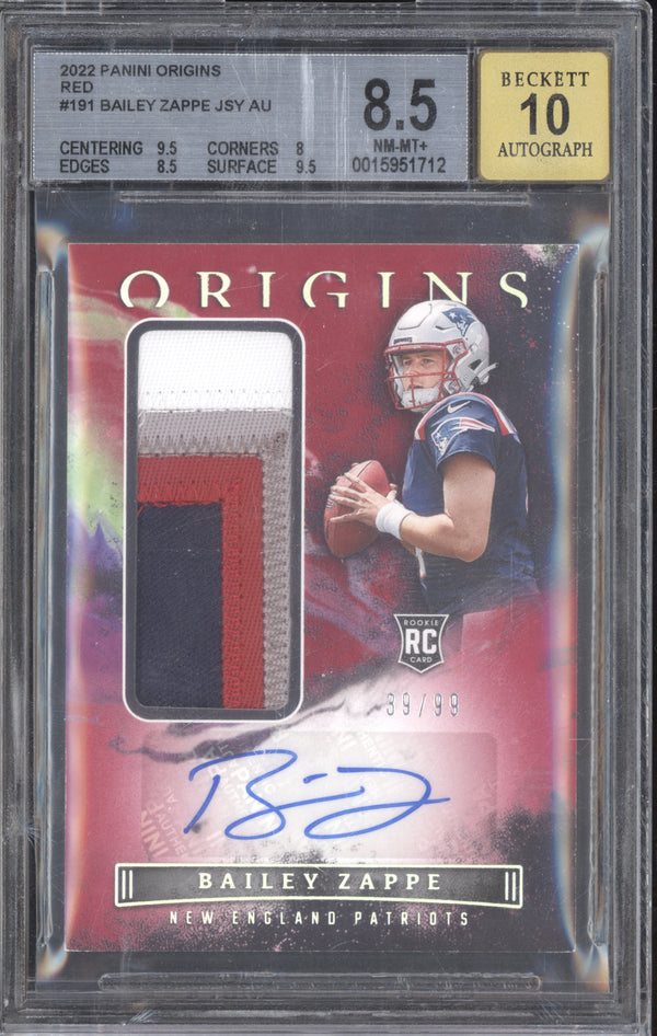 Bailey Zappe 2022 Panini Origins 191 Rookie Jumbo Jersey Auto Red RC 39/99 BGS 8.5/10