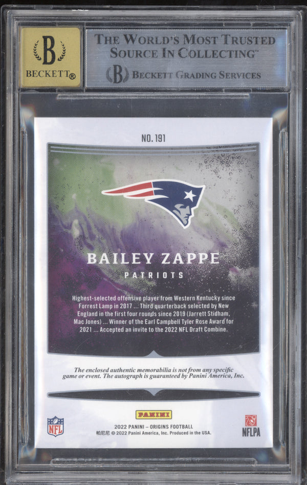 Bailey Zappe 2022 Panini Origins 191 Rookie Jumbo Jersey Auto Red RC 39/99 BGS 8.5/10