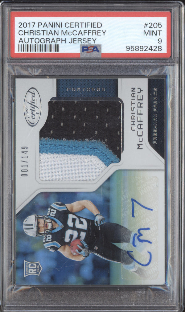 Christian McCaffrey 2017 Panini Certified 205 Freshman Fabric Auto RC /149 PSA 9