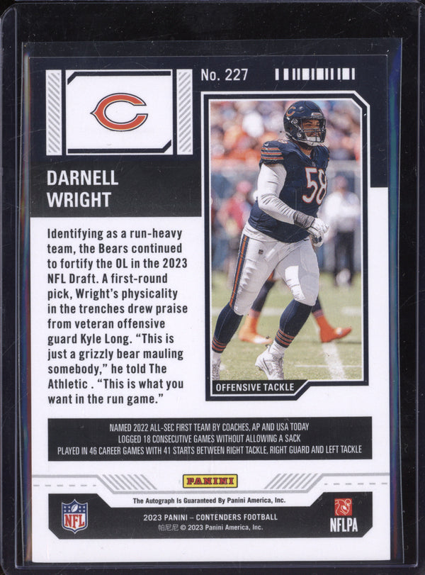 Darnell Wright 2023 Panini Contenders 227 Rookie Ticket Auto RC