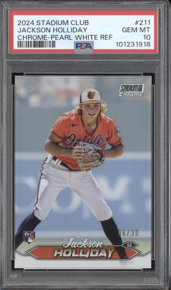 Jackson Holliday 2024 Topps Stadium Club 211 Chrome Pearl White RC 3/30 PSA 10