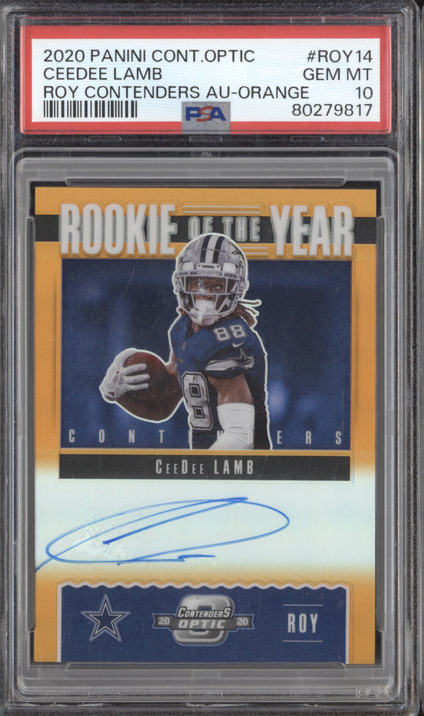 CeeDee Lamb 2020 Panini Contenders Optic ROY14 ROY Auto Orange RC 42/50 PSA 10