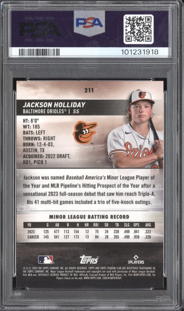 Jackson Holliday 2024 Topps Stadium Club 211 Chrome Pearl White RC 3/30 PSA 10