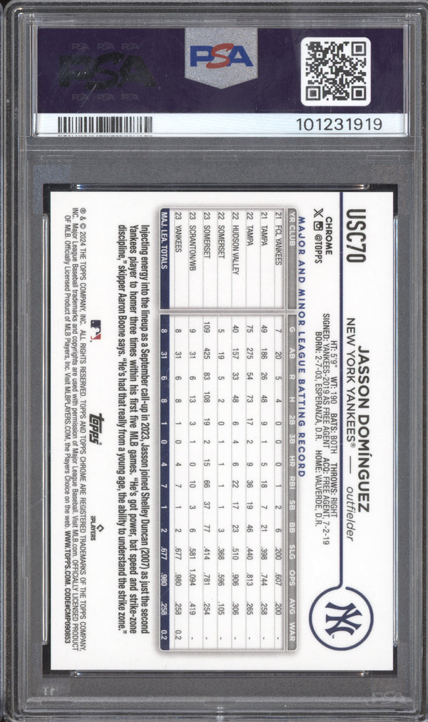 Jasson Dominguez 2024 Topps Chrome Update USC70 Black Speckle SP RC 9/10 PSA 10