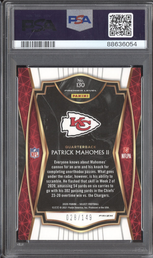 Patrick Mahomes II 2020 Panini Select 130 Blue 28/149 PSA 9