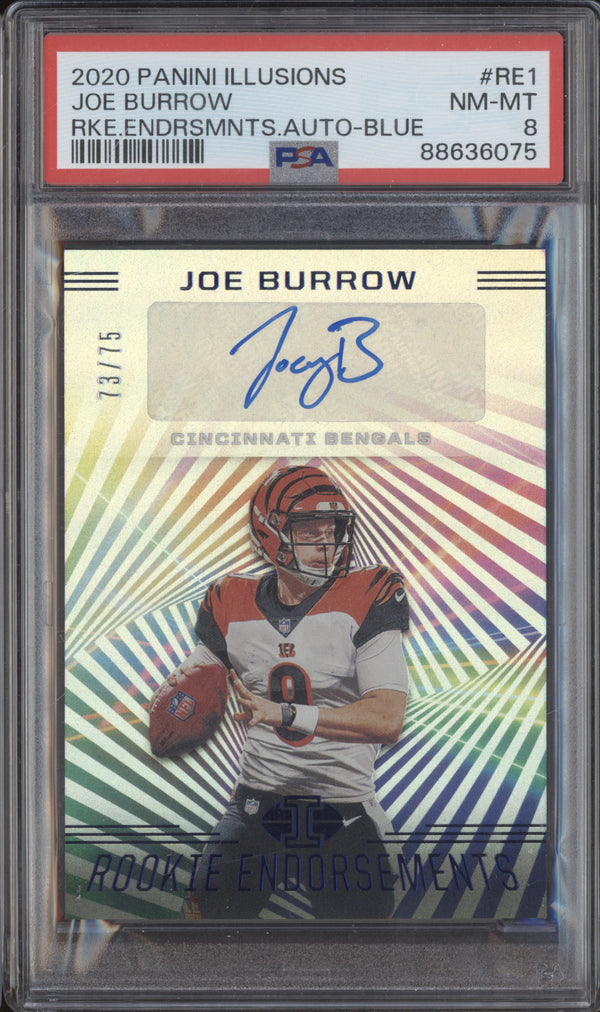 Joe Burrow 2020 Panini Illusions RE1 Rookie Endorsements Auto Blue RC /75 PSA 8