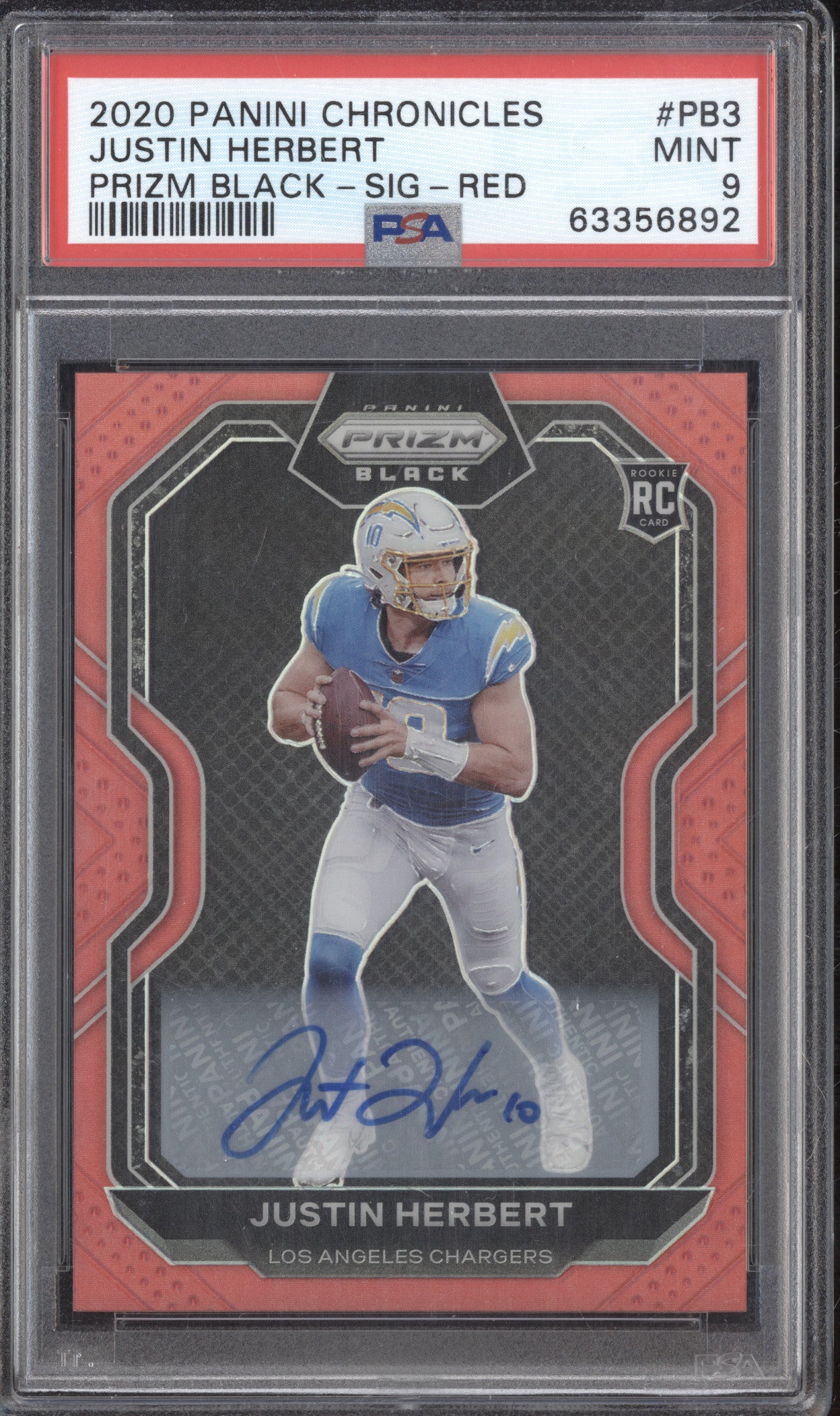 Justin Herbert 2020 Panini Chronicles PB-3 Prizm Black Auto Red RC 35/99 PSA 9