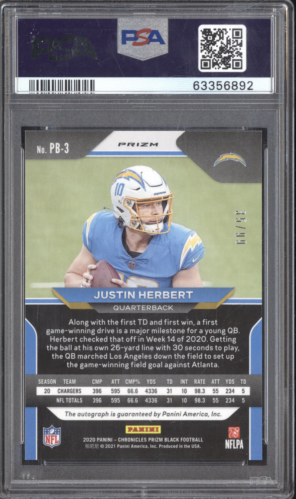 Justin Herbert 2020 Panini Chronicles PB-3 Prizm Black Auto Red RC 35/99 PSA 9