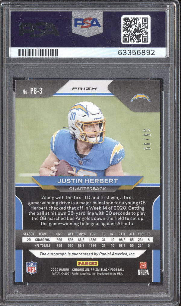 Justin Herbert 2020 Panini Chronicles PB-3 Prizm Black Auto Red RC 35/99 PSA 9