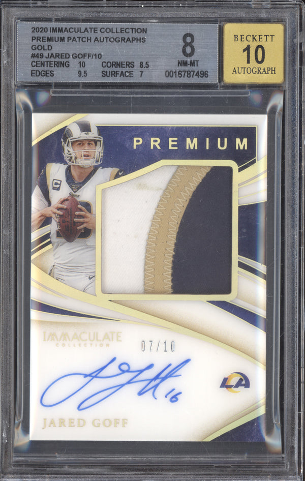 Jared Goff 2020 Panini Immaculate PPA-JG Premium Patch Auto Gold 7/10 BGS 8/10