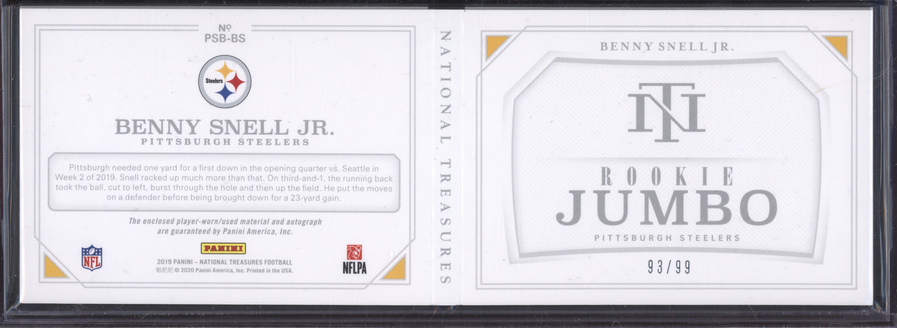 Benny Snell Jr 2019 Panini NT PSB-BS Rookie Jumbo Prime Auto Booklet RC 93/99