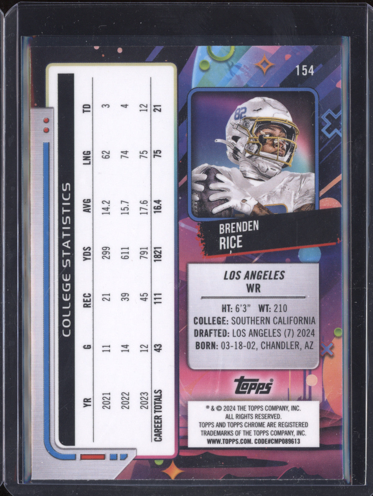 Brenden Rice 2024 Topps Cosmic Chrome 154 Green Space Dust RC 36/75