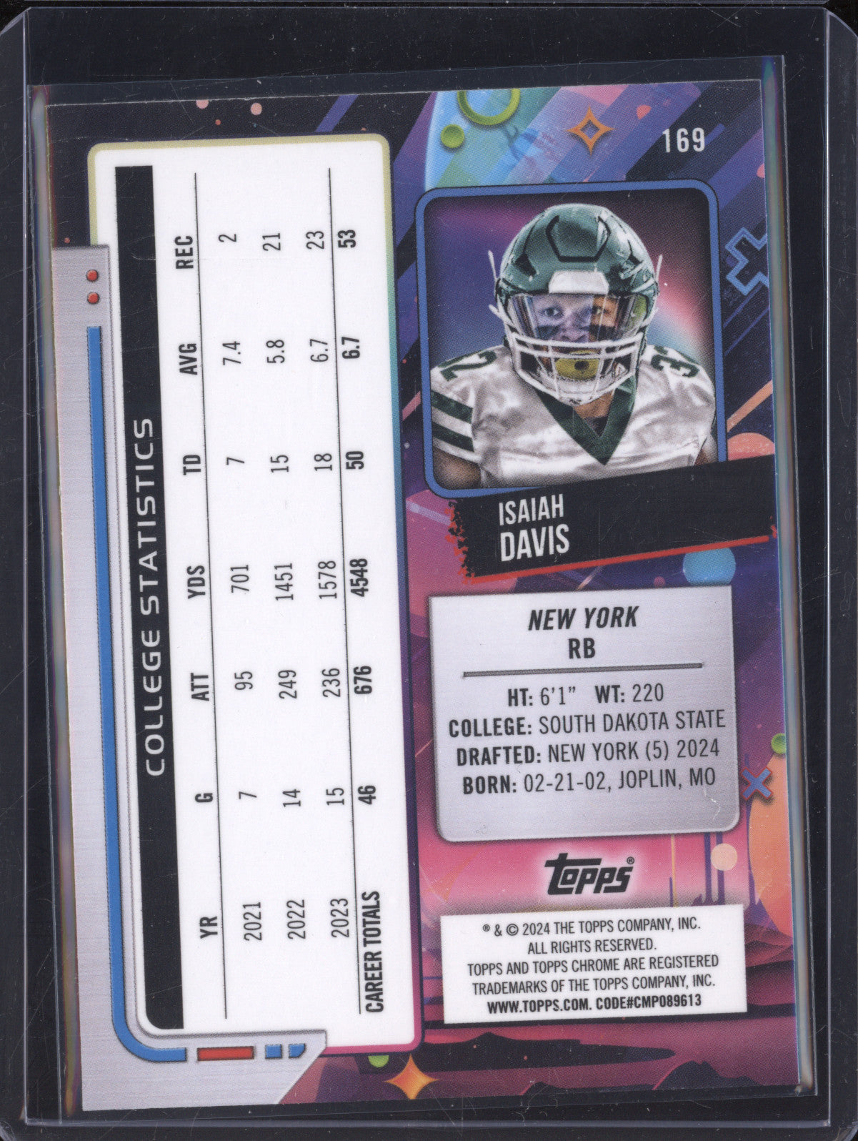 Isaiah Davis 2024 Topps Cosmic Chrome 169 Green Space Dust RC 47/75