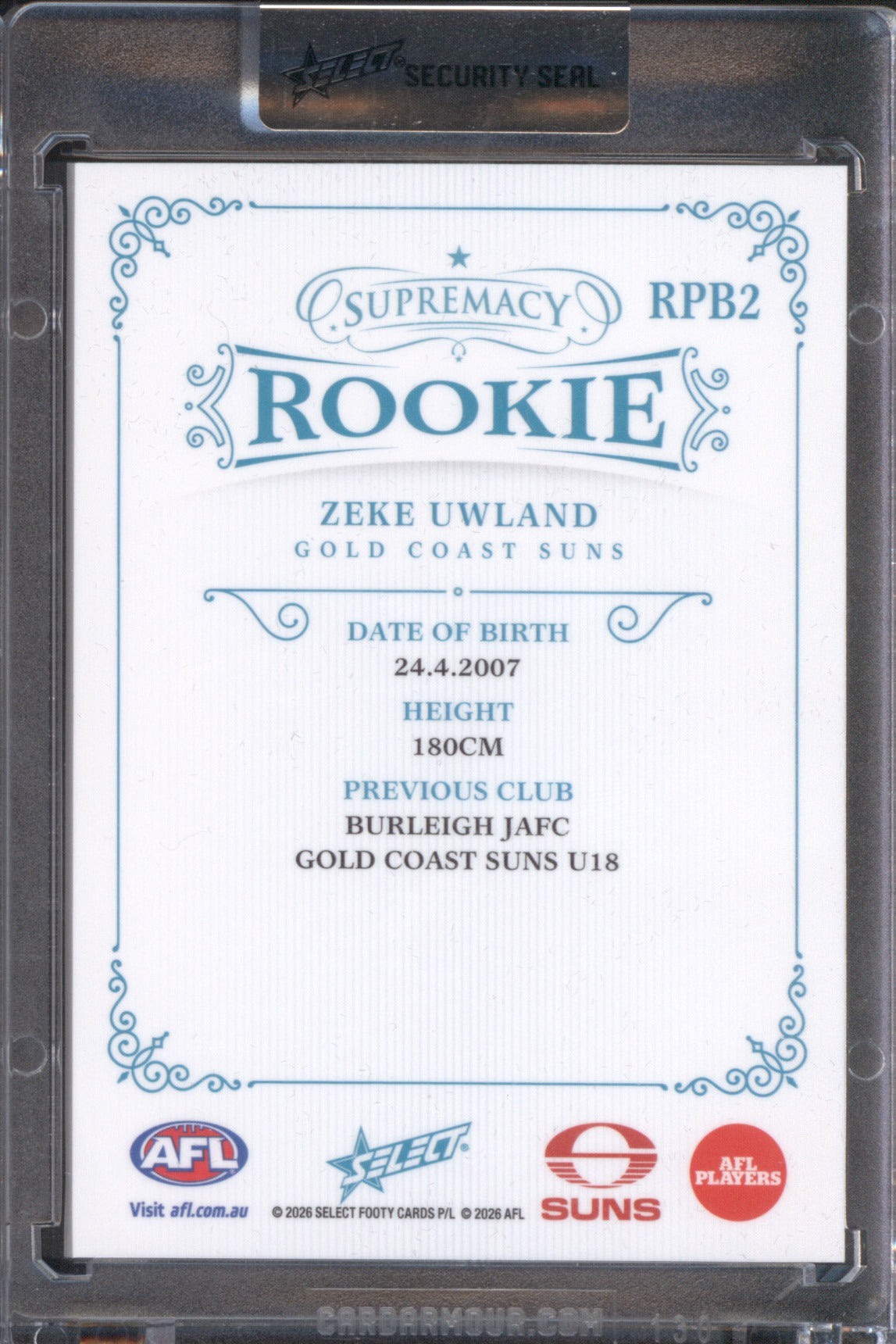 Zeke Uwland 2026 AFL Select Supremacy Rookie RPB2 Platinum Blue /75