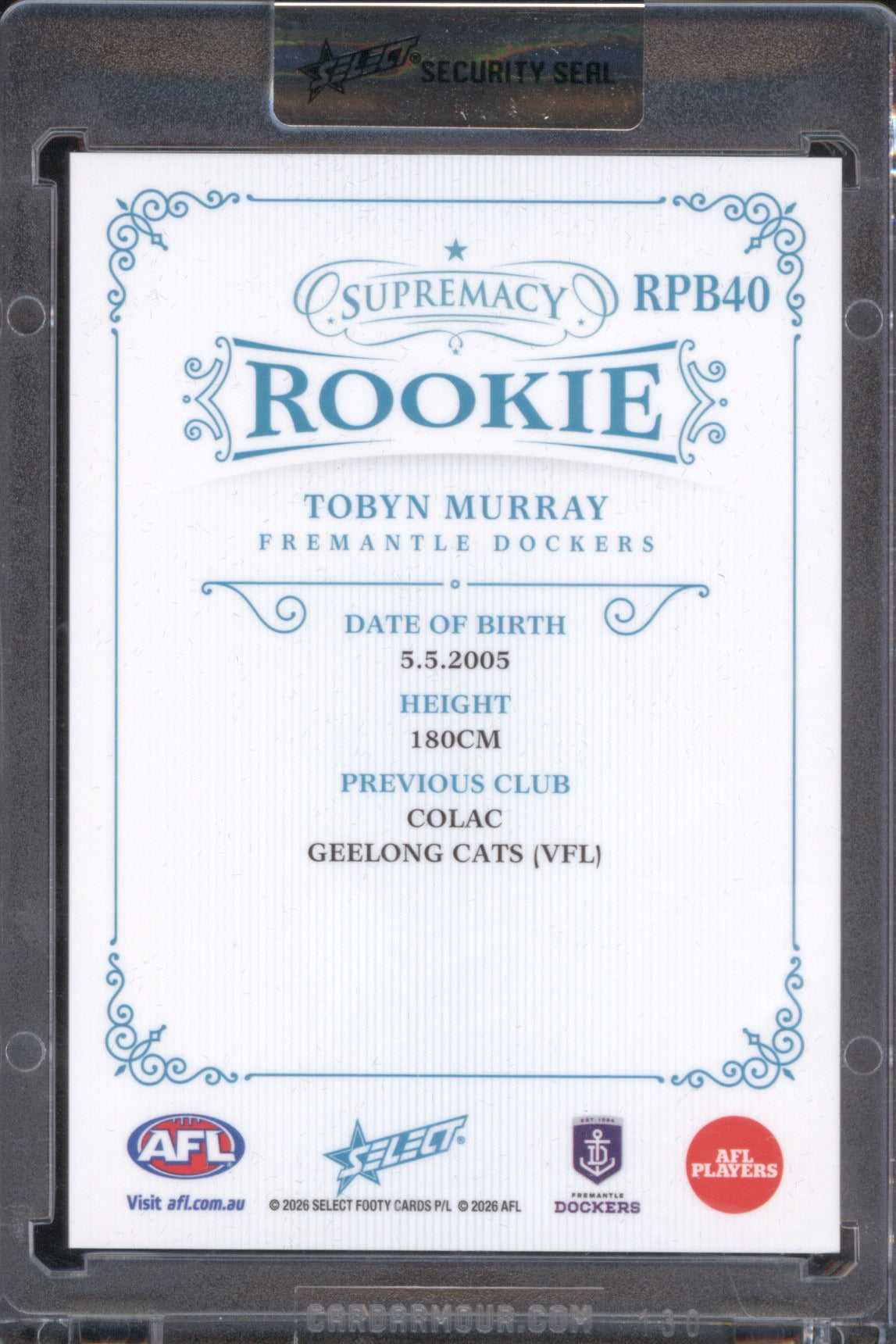 Tobyn Murray 2026 AFL Select Supremacy Rookie RPB40 Platinum Blue /75