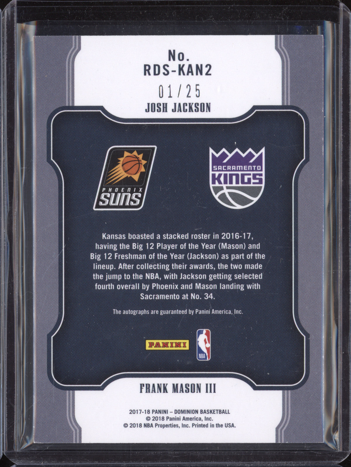 Jackson Mason III 2017-18 Panini Dominion RDS-KAN2 Rookie Dual Auto RC 1/25