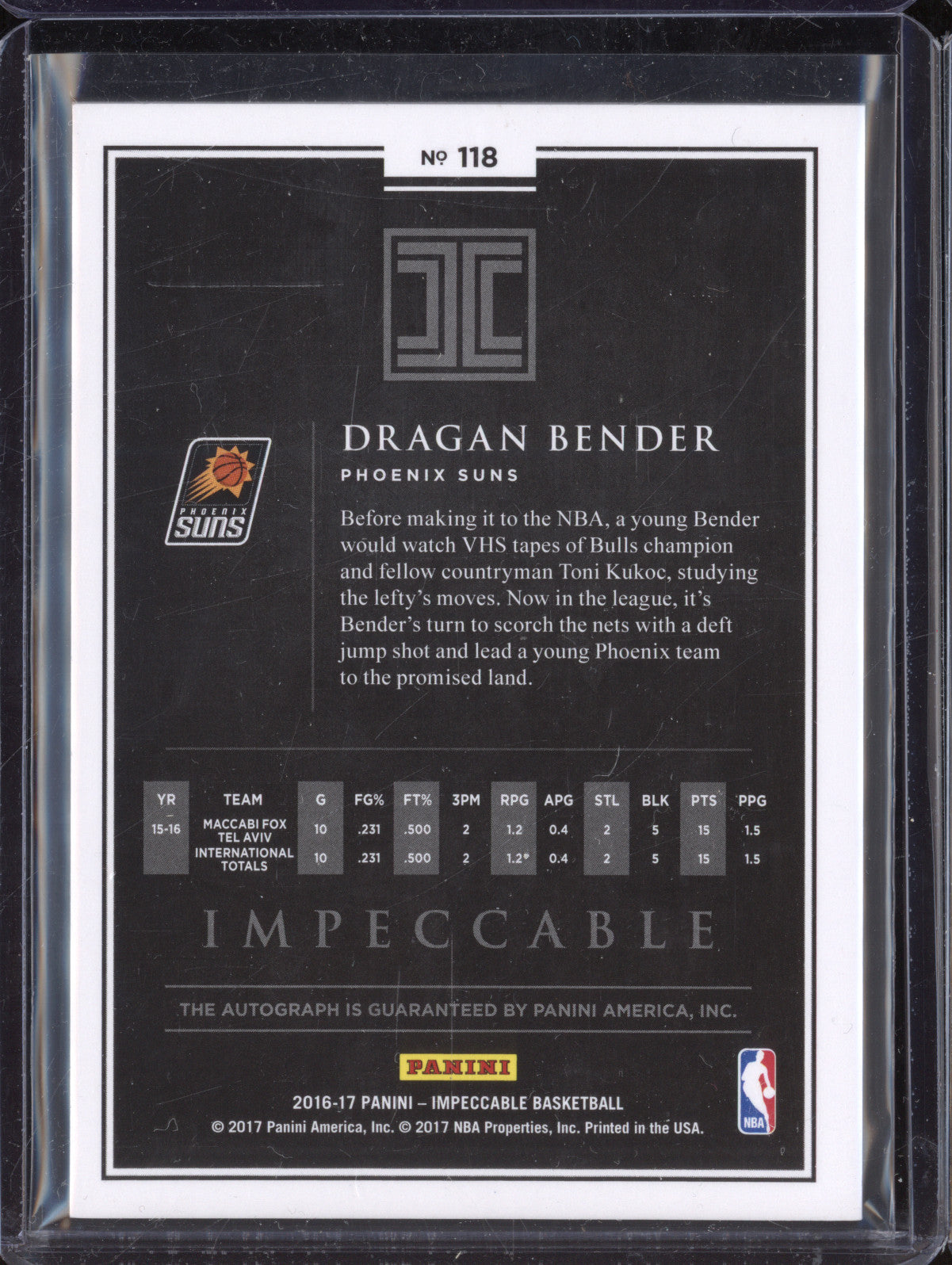 Dragan Bender 2016-17 Panini Impeccable 118 Rookie Auto Holo Gold RC 3/10