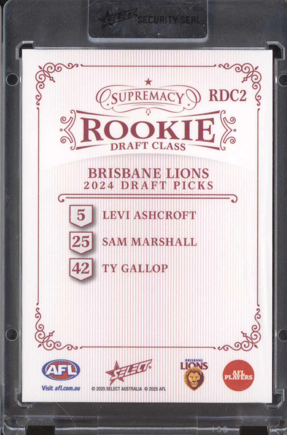 Ashcroft Marshall Gallop 2025 Select Supremacy Rookies RDC2 Draft Class  RC /50