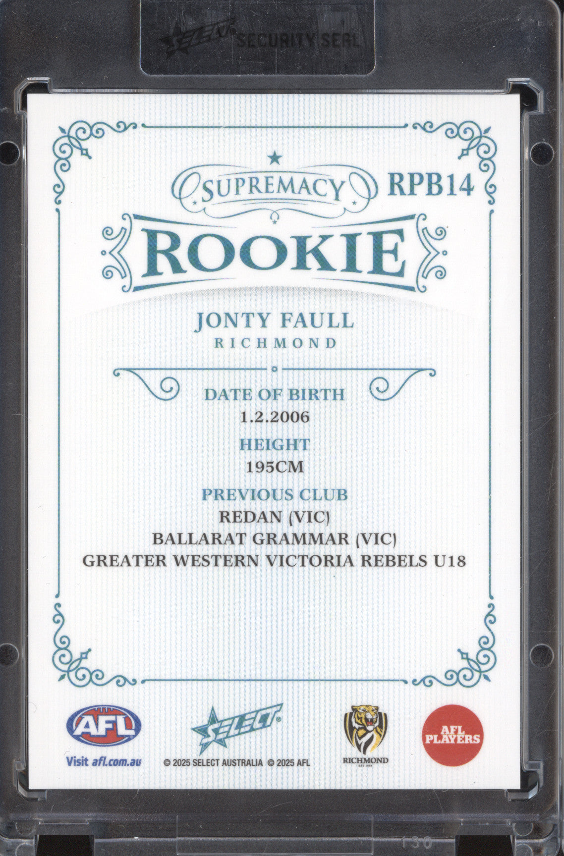 Jonty Faull 2025 Select Supremacy Rookies RPB14 Platinum Blue RC 38/75