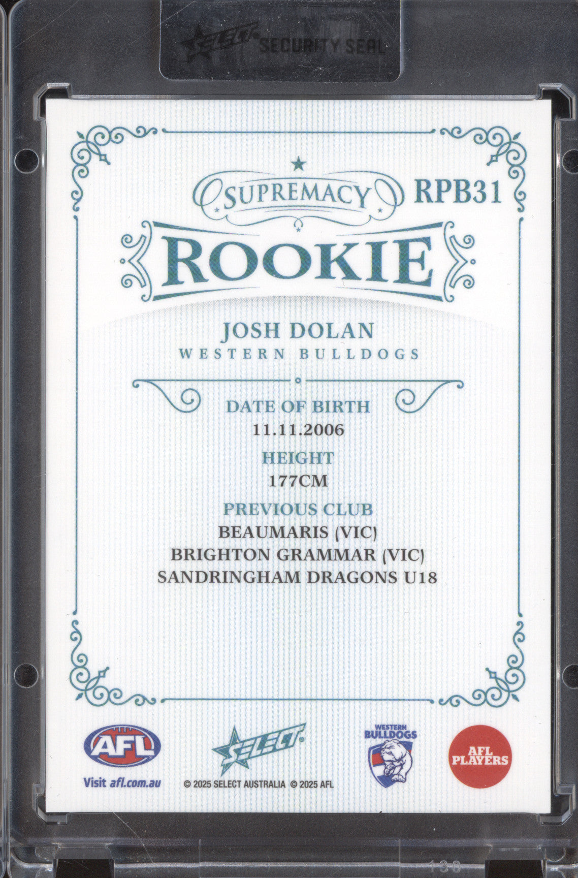 Josh Dolan 2025 Select Supremacy Rookies RPB31 Platinum Blue RC 31/75