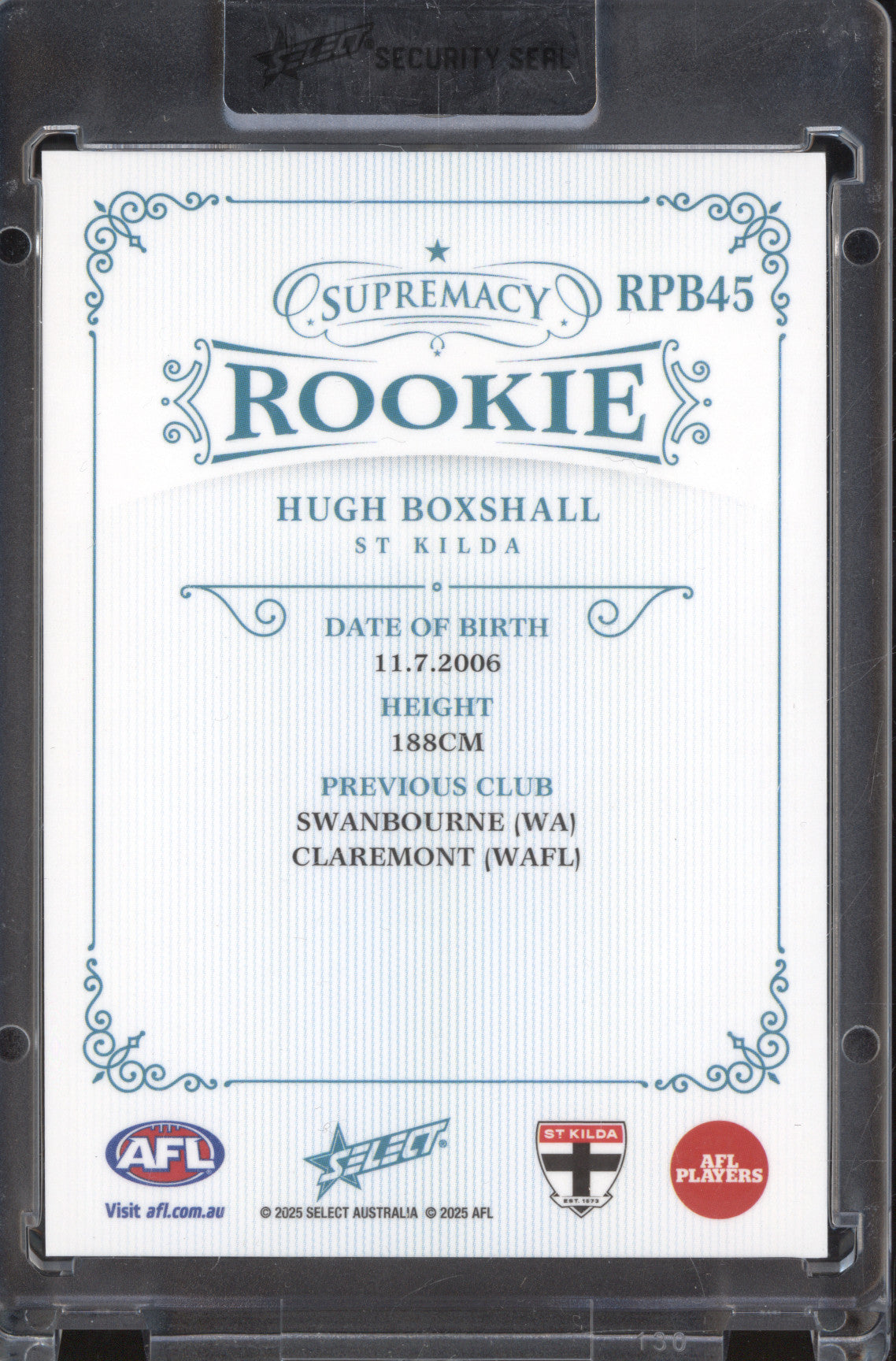 Hugh Boxshall 2025 Select Supremacy Rookies RPB45 Platinum Blue RC 41/75