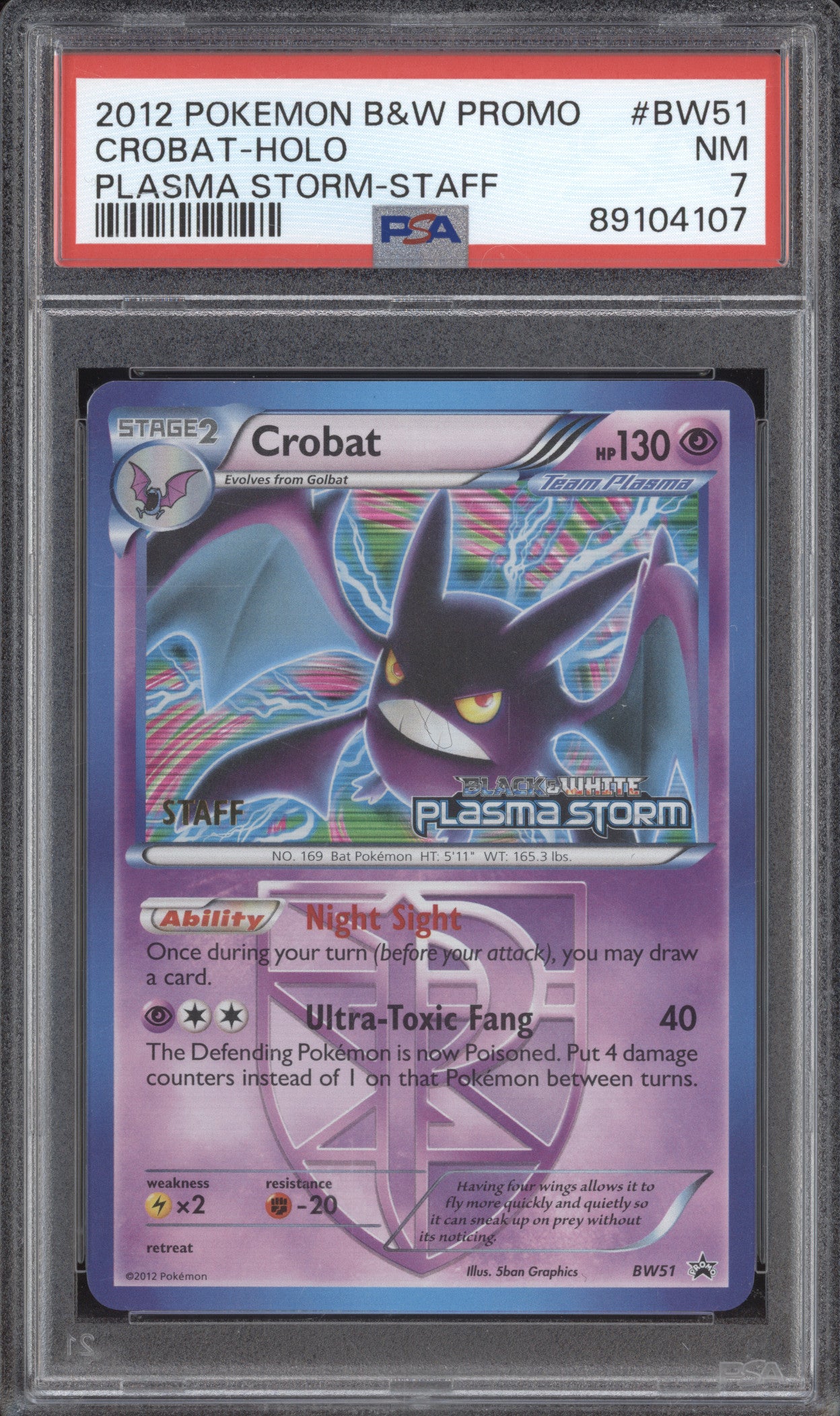 Crobat 2012 Pokemon Black & White Promo BW51 Plasma Storm Prerelease Staff PSA 7