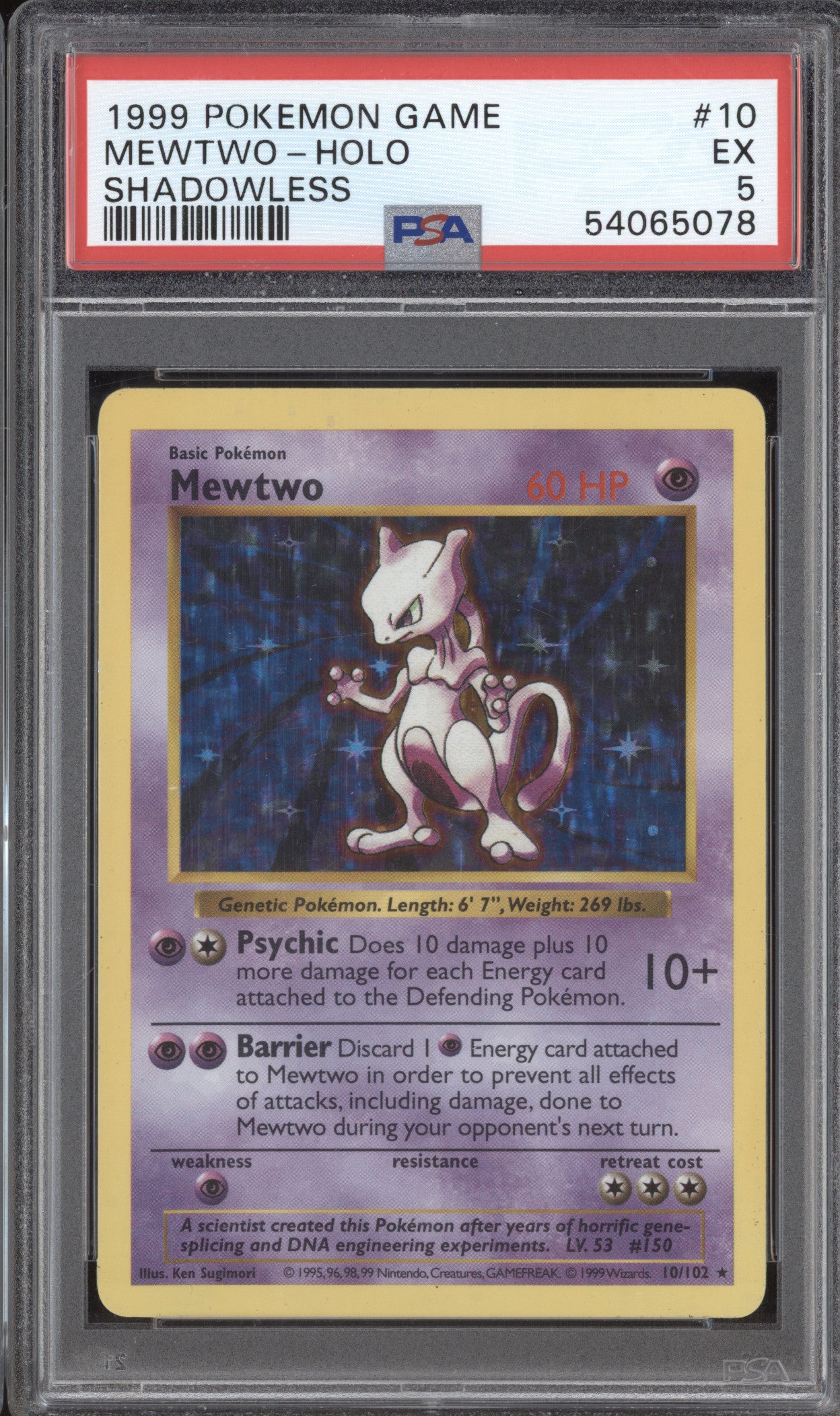 Mewtwo 1999 Pokemon Base Set 10/102 Shadowless Holo PSA 5