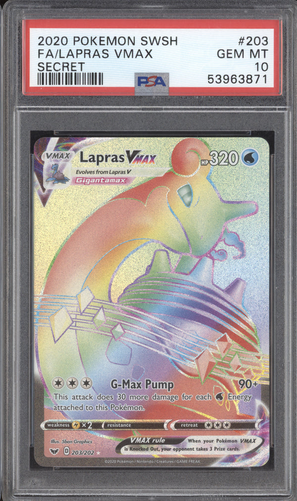 Lapras VMax 2020 Pokemon Sword & Shield 203/202 Secret Rare PSA 10