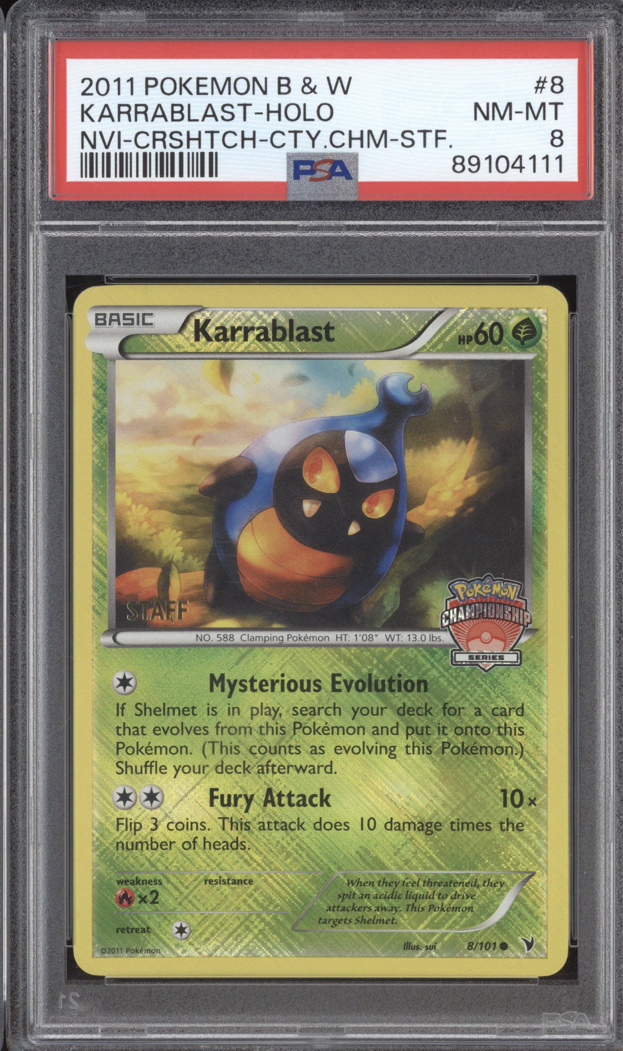 Karrablast 2011 Pokemon Black & White 8/101 2011 City Championships Staff PSA 8