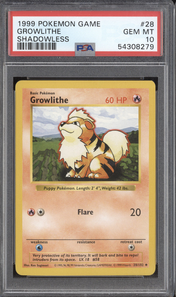 Growlithe 1999 Pokemon Base Set 28/102 Shadowless PSA 10