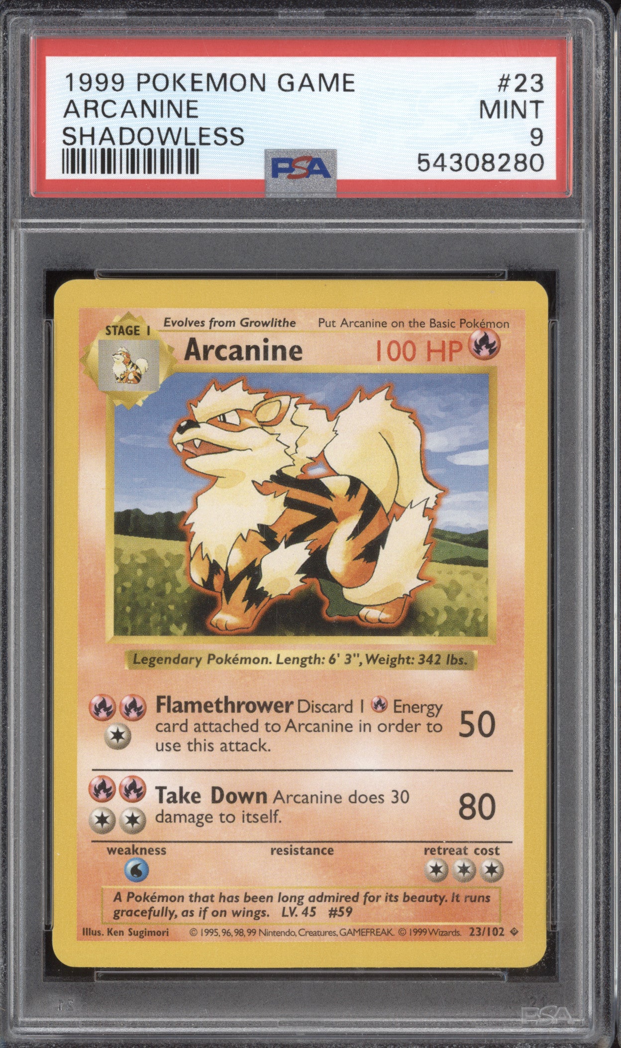 Arcanine 1999 Pokemon Base Set 23/102 Shadowless PSA 9