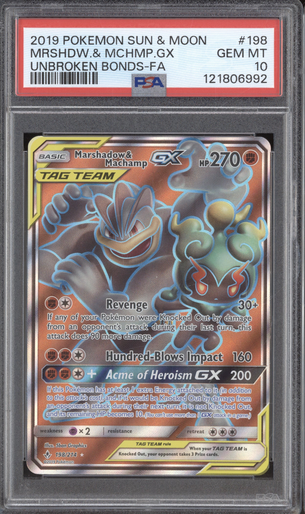 2019 Pokemon Unbroken Bonds 198/214 Marshadow & Machamp GX Full Art PSA 10