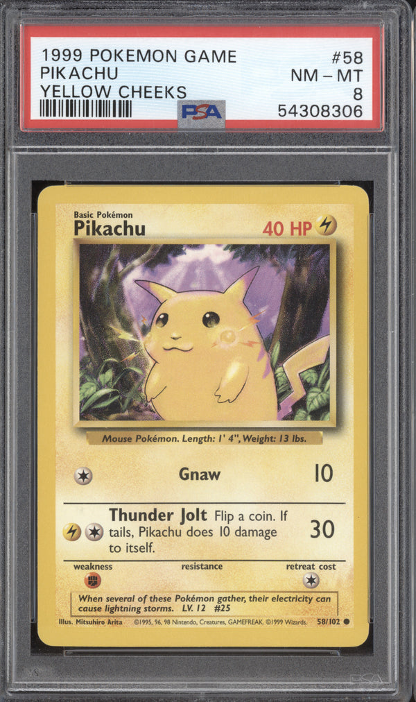 Pikachu 1999 Pokemon Base Set 58/102 Yellow Cheeks PSA 8