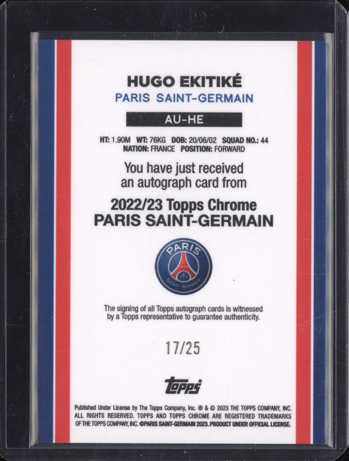2022 Topps Chrome PSG UEFA 125 RC Hugo Ekitike Base RC Auto 17/25