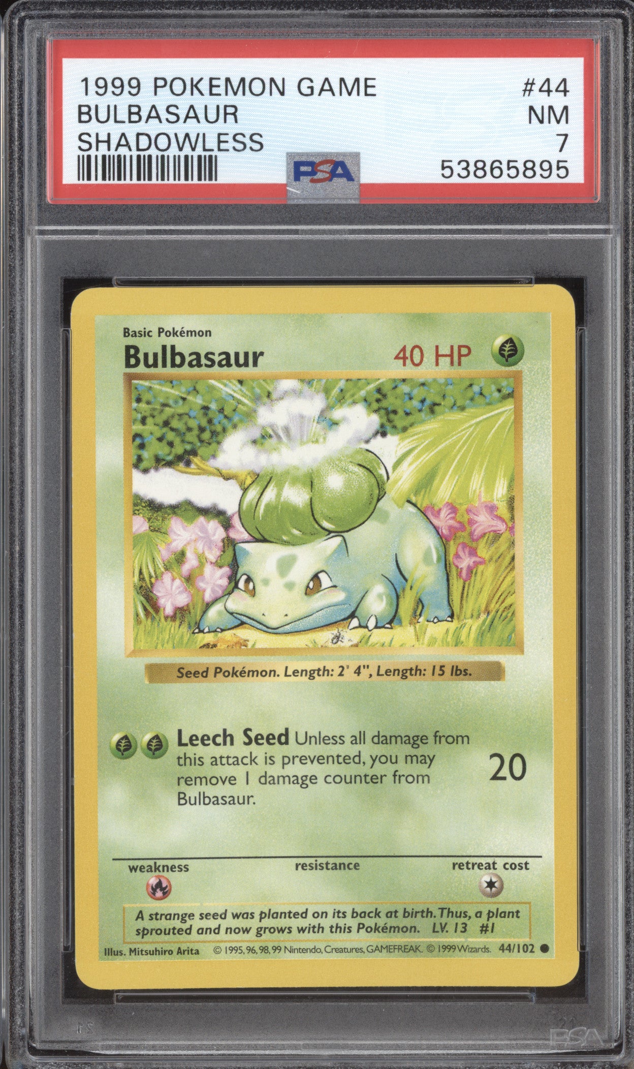 Bulbasaur 1999 Pokemon Base Set 44/102 Shadowless PSA 7