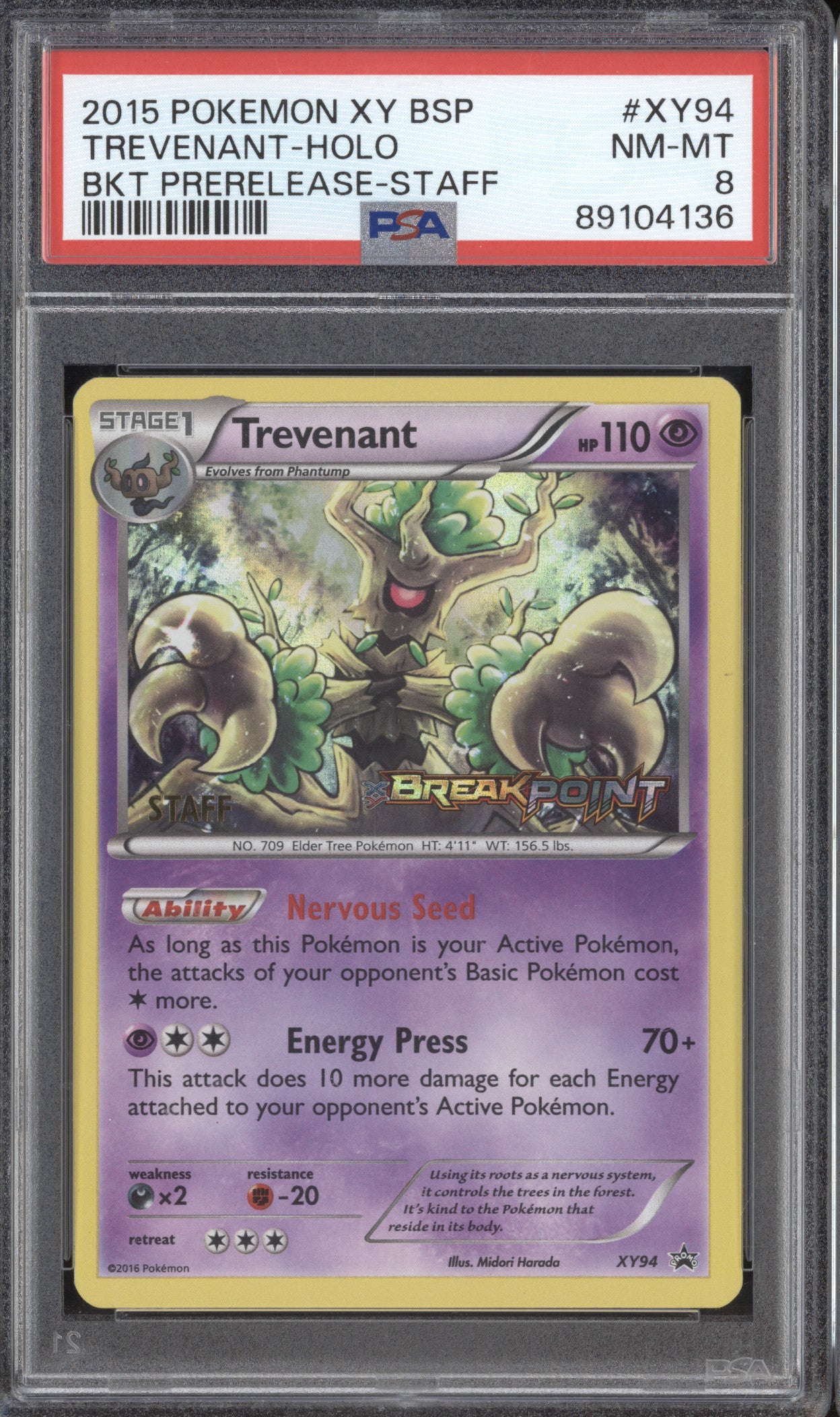 Trevenant 2015 Pokemon XY Promos XY94 BREAKpoint Prerelease Staff PSA 8