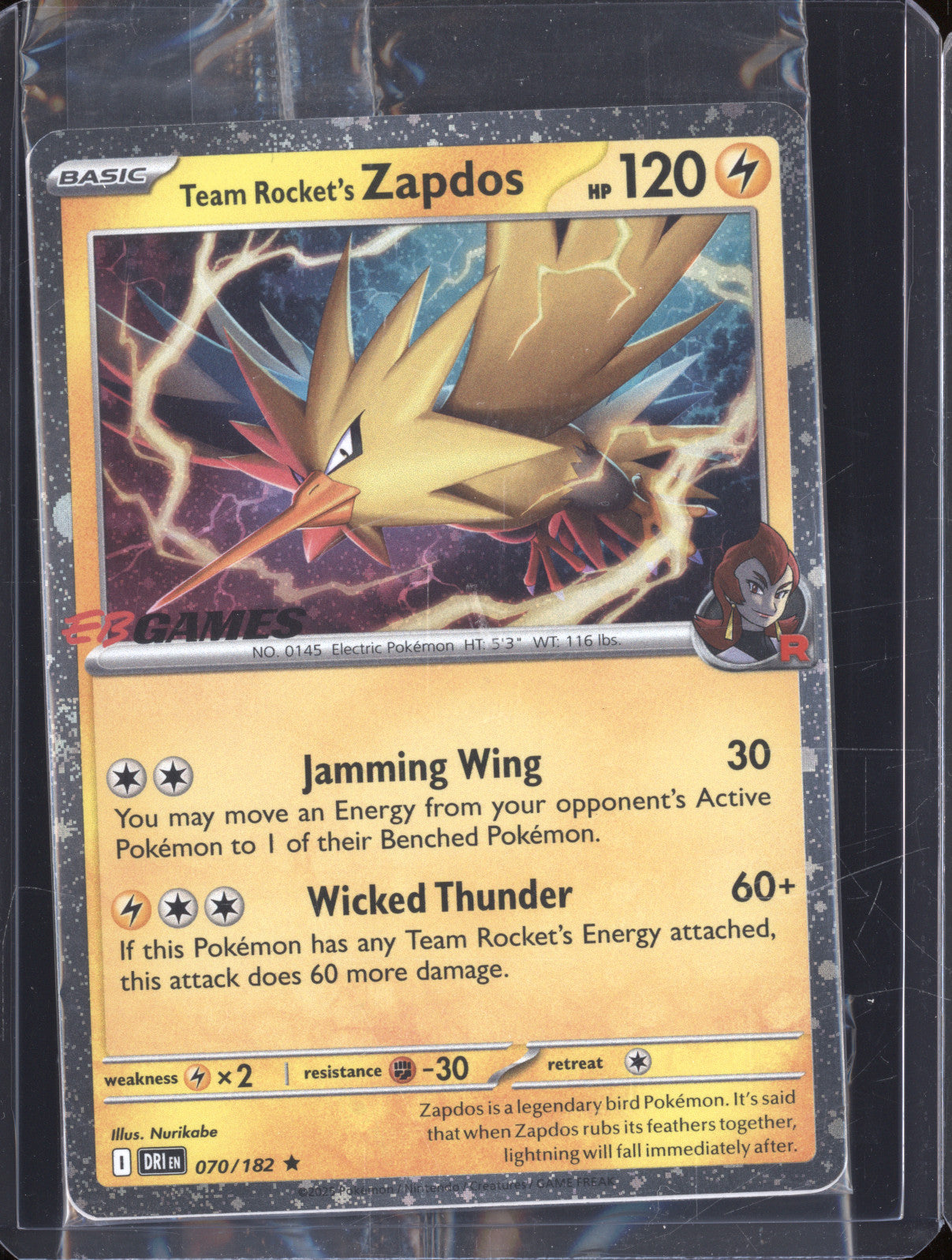 Team Rocket's Zapdos 2025 Pokemon Destined Rivals DRI 070/182 EB Games Promo