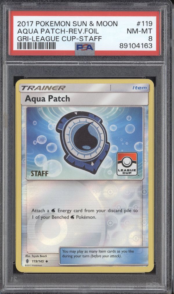 Aqua Patch 2017 Pokemon Guardians Rising 119/145 League Cup Staff Rev Foil PSA 8